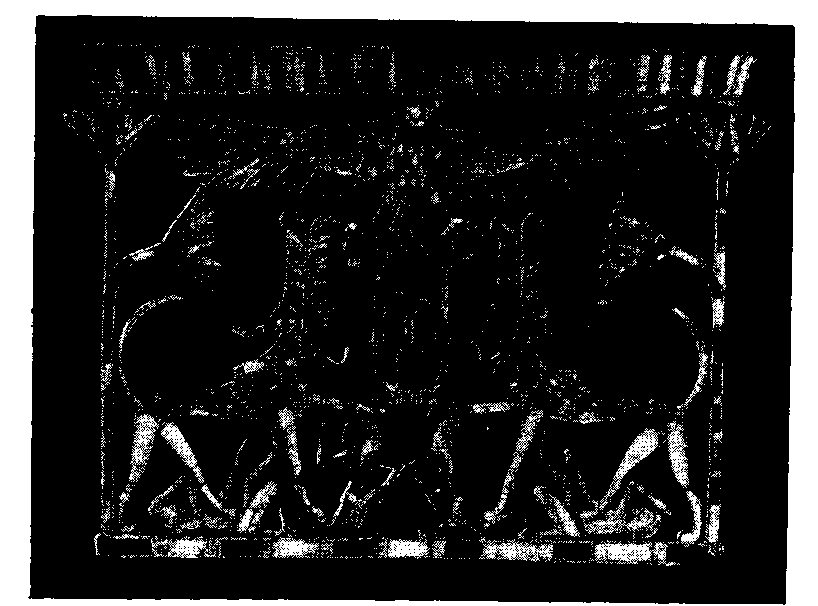 Fig 297.--Gold <i>cloisonné</i> pectoral bearing cartouche
of Ûsertesen III. From Dahshûr, found 1894, and now
in the Gizeh Museum. 