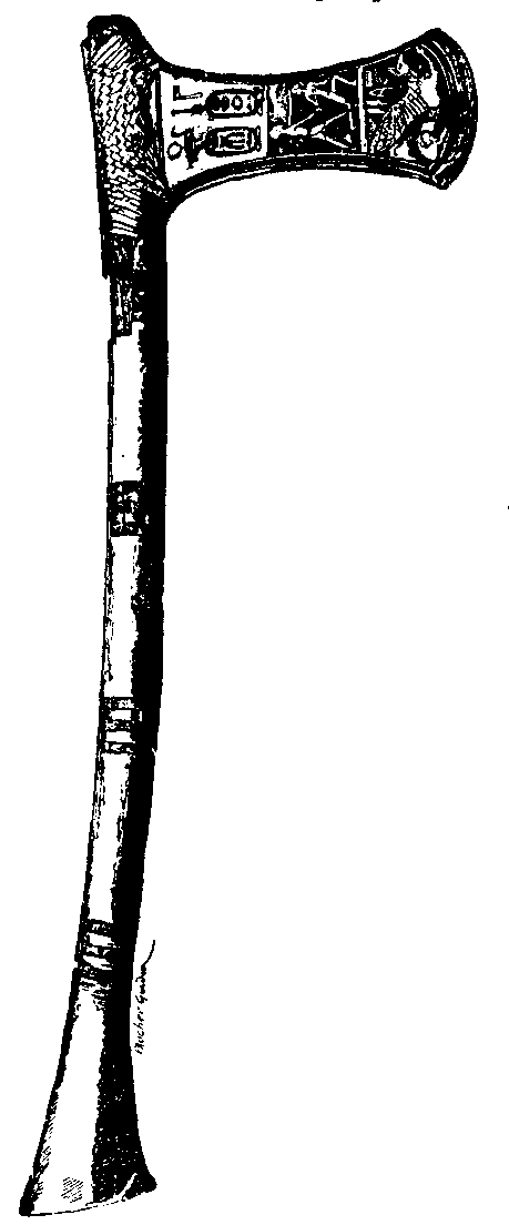 Fig 306.--Funerary battle-axe of Queen Aahhotep, bearing
cartouche of King Ahmes I. 