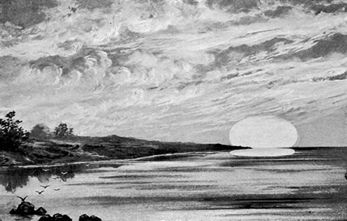 Fig. 27.—Flattening of the sun's disk by refraction and by reflection from the
surface of the sea.