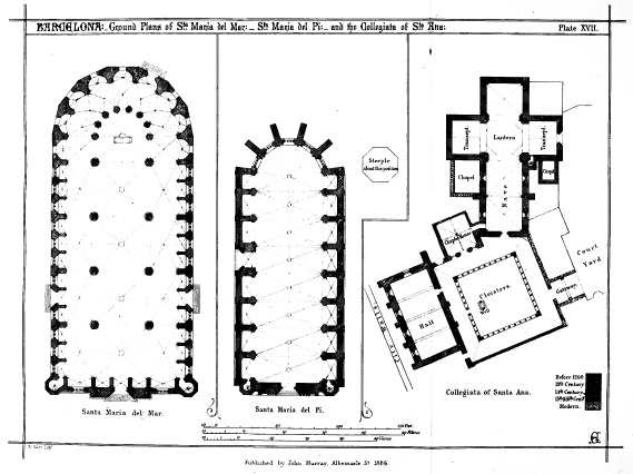 BARCELONA:—Ground Plans of Sta Maria del Mar:—Sta
Maria del Pi:—and the Collegista of Sta Ana: Plate XVII.

Published by John Murray, Albemarle St. 1865.
