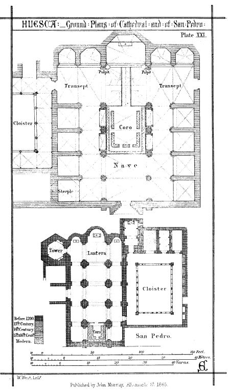 HUESCA: Ground: Plans: of: Cathedral: and: of: San:
Pedro:

Plate XXI.

W. West, Lithr.

Published by John Murray, Albermarle St. 1865.