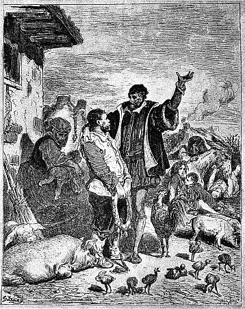 Don Quixote Discoursing
to Sancho Panza in the Yard of the Inn which
the Knight Imagined was a Lordly Castle
From Gustave DorÃ©'s Illustrations
in the Clark Edition