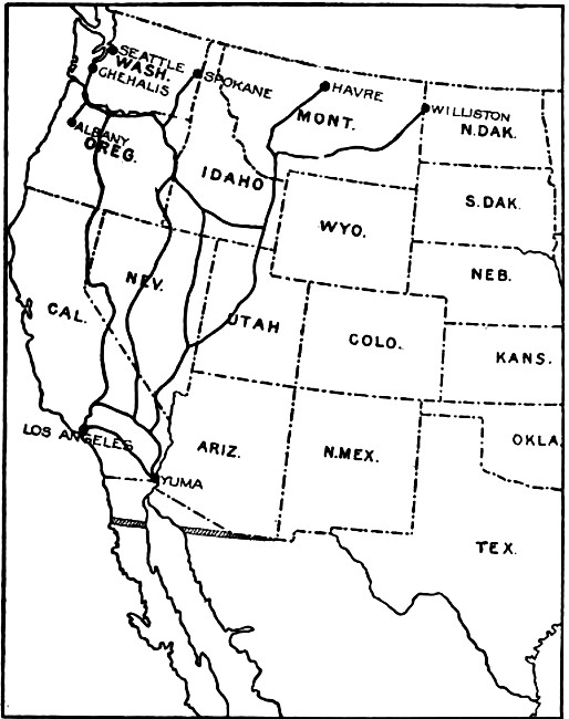 Map showing Routes of Railway Transportation to
Concentration Centers for Troops of the Reserves for the defense of the
North Pacific Coast and Northern Boundary of the United States: 1, Albany;
2, Chehalis; 3, Spokane; 4, Havre; 5, Williston.
