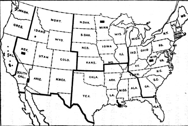 Map showing Territorial Divisions and Locations of the
Departments of the National Homecroft Reserves. Also showing the Corrected
Mexican Boundary Line and Neutral Zone between the United States and
Mexico, and the New State of South California.