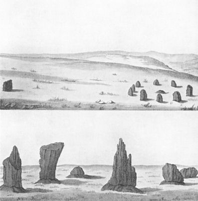 Stone circles on Stanton Moor (from ArchÃ¦ologia)