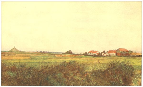 WATERLOO—The farm of
La Belle Alliance and the mound surmounted by the Belgian lion.