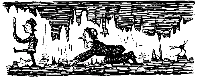 A section of the interior—showing the comfortable manner
in which our artist followed the guide, inspected the stalactites, and
comported himself generally.