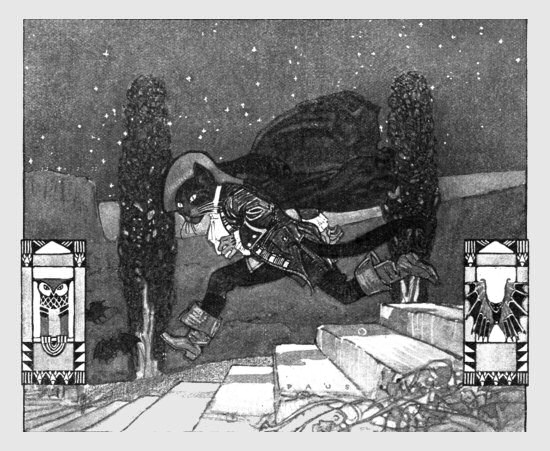 The Cat at once draped her cloak round her, opened the door and ran and
bounded out into the forest