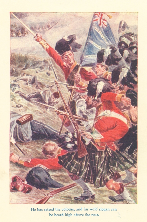 He has seized the colours, and his wild slogan can be heard high above the roar.