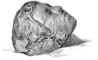 Fig. 2.—Water-colour sketch by Mrs. Cecil Firth,
representing a restoration of the early mummy found at Medûm by Prof.
Flinders Petrie, now in the Museum of the Royal College of Surgeons in
London