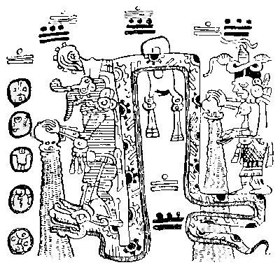Fig. 11.—Reproduction of a Picture in the Maya Codex
Troano representing the Rain-god Chac treading upon the Serpent's
head, which is interposed between the earth and the rain the god is
pouring out of a bowl. A Rain-goddess stands upon the Serpent's
tail.