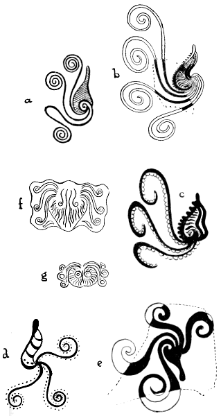 Fig. 23.—A series of Mycenæan conventionalizations
of the Argonaut and the Octopus (after Tümpel), which provided the basis
for Houssay's theory of the origin of the triskele (a, c,
and d) and swastika (b and e), and
Siret's theory to explain the design of Bes's face (f
and g)