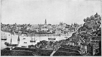 VIEW OF OPORTO AND VILLA NOVA FROM THE SERRA CONVENT.

(After a print by Godhino.)