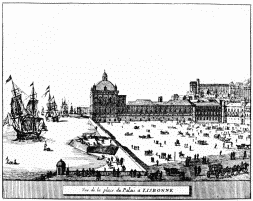VIEW OF THE PALACE AT LISBON.

(From “Les Royaumes d’Espagne et Portugal.” La Haye, 1720.)