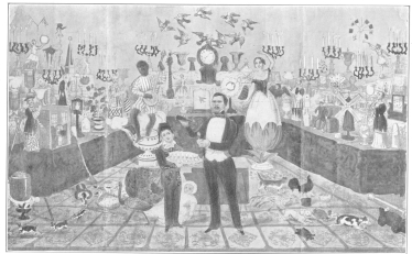 Lithograph used by E. W. Young, who copied all of John
Henry Anderson’s billing and featured the obedient-card trick. This
setting shows how cumbersome was the apparatus employed by magicians
before Wiljalba Frikell proved that he could score with apparently no
apparatus. Original in the Harry Houdini Collection.