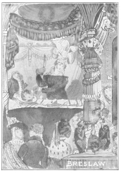 Reproduction of a triple colored lithograph. This section
features Breslaw in stage costume. Original in the Harry Houdini
Collection.