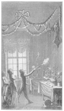 Reproduction of an illustration in “Aufschlüsse zur
Magie,” by Hofrath von Eckartshausen, showing the automatic rope vaulter
as exhibited in 1784 by Pinetti. Original in the Harry Houdini
Collection.