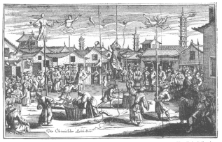 Reproduction of an engraving in an old German
Encyclopædia in the Harry Houdini Collection, which credits to the
Chinese the trick of climbing into the air and having the body fall down
piecemeal and being set together again.