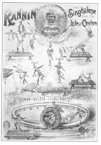 A Rannin lithograph, showing him doing the sword-walking
act which Robert-Houdin claimed to have been a fraud. Rannin is still
working in Germany, imitated by many, equalled by none. From a
photograph in the Harry Houdini Collection.