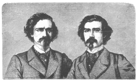 The Davenport Brothers in their prime, from photographs
furnished by them to the contemporary press, now in the Harry Houdini
Collection.