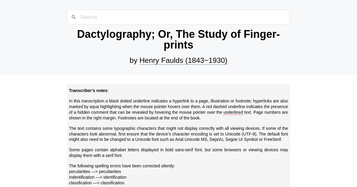 Dactylography; Or, The Study of Finger-prints by Henry Faulds (1843~1930)