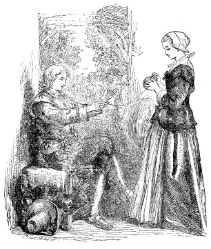 Image unavailable: He sitting awkwardly there, with his arms extended before him,
She standing graceful, erect, and winding the thread from his fingers,

