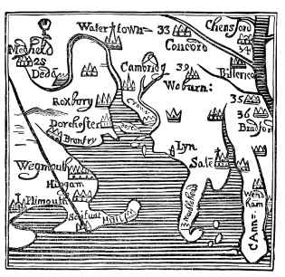 Image unavailable: The Earliest Map of Boston Bay and the Settlements of
the Pilgrims. Direction North is Toward
the Right Hand.