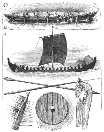 1.—SIDE VIEW OF THE GOGSTAD VIKING SHIP. 2.—VIKING SHIP
RESTORED. 3.—DETAILS OF VIKING SHIP.