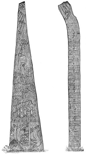 RUNIC STONE FROM GRAN IN HADELAND. THE INSCRIPTION READS
IN TRANSLATION: "GUNVOR, DAUGHTER OF THIRIK, MADE A
BRIDGE IN MEMORY OF AASTRID, HER DAUGHTER. SHE WAS
THE FAIREST MAIDEN IN HADELAND." PROF. BUGGE READS:
"THE MOST SKILLFUL MAIDEN WITH HER HANDS."