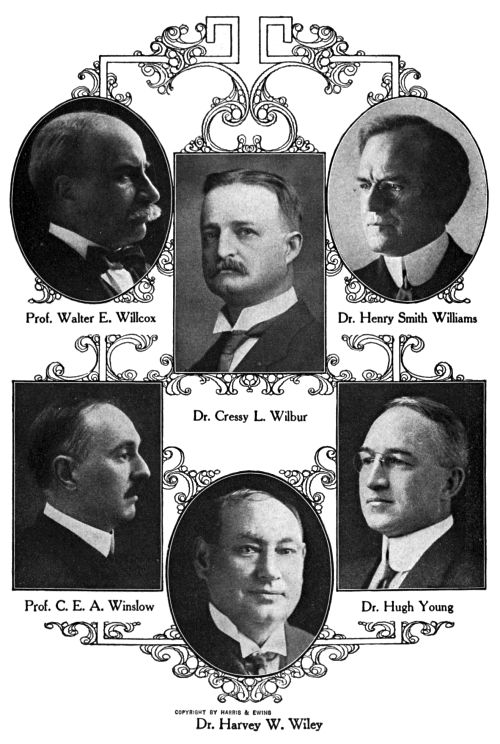 Prof. Walter E. Willcox,
Dr. Henry Smith Williams,
Dr. Cressy L. Wilbur,
Prof. C. E. A. Winslow,
Dr. Hugh Young,
Dr. Harvey W. Wiley