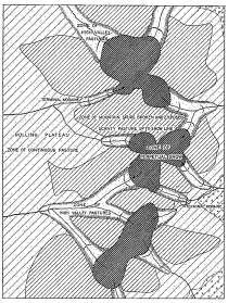 Fig. 36—Regional diagram for the Eastern Cordillera or
Cordillera Vilcapampa. Note the crowded zones on the right (east and
north) in contrast to the open succession on the left. In sheltered
places woodland extends even higher than shown. At several points
patches of it grow right under the snowline. Other patches grow on the
floors of the glaciated valley troughs.