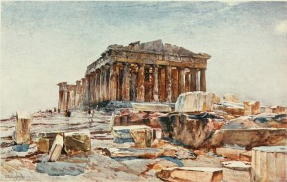 THE PARTHENON FROM THE PROPYLÆA (EARLY MORNING)

The pale golden light on the architraves within the Posticum is
reflected from the east side of the west front of the Temple. The
scarped rock to the right is the boundary of the precinct of Artemis
Brauronia. The drum of a column in the right-hand corner of the drawing
represents the southernmost column of the eastern portico of the
Propylæa. For obvious artistic reasons the whole column could not be
included in the drawing. The pedestal before the column is that of the
statue of Athene Hygieia by the sculptor Pyrrhos. Two or three paces in
front of it are the remains of a large free-standing altar.