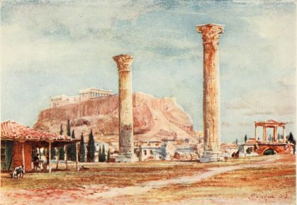 THE ACROPOLIS FROM THE SITE OF THE TEMPLE OF OLYMPIAN
ZEUS

The two detached colossal columns belong to the west end of the southern
peristyle of the Temple. To the right is the Arch of Hadrian. The
striking form of the masses of rock, which constitute the natural
defence of the Acropolis on its eastern side, shows with great effect in
this drawing.