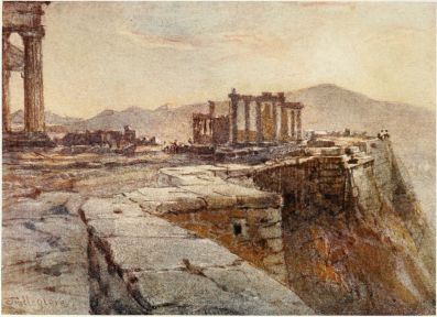 SUNSET FROM THE NORTH-EAST CORNER OF THE ACROPOLIS

To the left, a bit of the east front of the Parthenon; to the right, the
precipitous north side of the Acropolis; in the middle distance the
Erechtheum, showing all three of its porticoes; in shadow, between the
Parthenon and the Erechtheum, the upper part of the Propylæa