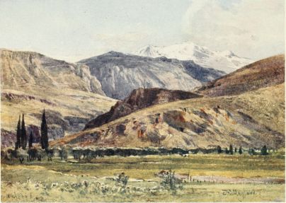 DELPHI FROM ITEA

This drawing indicates in a general way the position of Delphi with
regard to the plain of Cirrha below and the snowclad summit of Parnassos
above. On the left is the opening of the gorge of the Pleistos. Just
above where it disappears from view, to the right, the new village
called Delphi is visible on the slope of the mountain in front of the
great precipices of the Castalian Gorge. Ancient Delphi lies out of
sight in the hollow immediately behind the new village, and between it
and the Castalian cliffs.