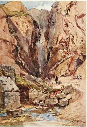 DELPHI, THE CASTALIAN GORGE AND SPRING

The scarped vertical face of rock, which may be seen above the figure of
the shepherd, shows the recently excavated site of the Place for the
Lustration of Pilgrims, to which the water of the Castalian spring was
carried by an artificial channel in the rock. The masonry to the left of
the drawing is part of a modern reservoir.