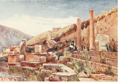 DELPHI. THE PORTICO (STOA) OF THE ATHENIANS

The wall of polygonal masonry to the right is part of the Heleniko, or
terrace wall, of the Great Temple of Apollo. Three marble steps at the
back of the Athenian portico, with two Ionic columns in place, stand in
front of the wall. The “sacred way,” terminating at the east end of the
Great Temple above, passes in front of this portico, and the row of
marble seats along its farther side marks out its course. To the left of
the drawing is seen the mountain slope of Kirphis leading down to the
gorge of the river Pleistos.