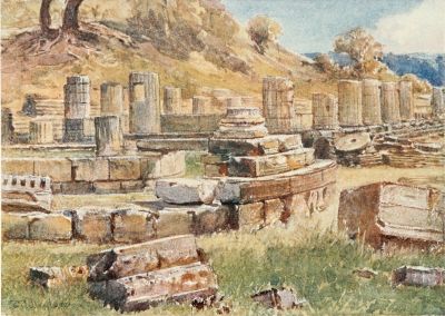 OLYMPIA. THE BASE OF THE KRONOS HILL, WITH THE REMAINS OF
THE TEMPLE OF HERA AND THE PHILIPPEION

At the foot of the hill, the columns of the north, south, and west sides
of the Heræon still in situ are clearly shown, and also the cella wall
on the west and south. The remains of the Philippeion, a circular
building erected by Philip II. of Macedon (circ. 336 B.C.), are in the
foreground, to the west of the Heræon. The base of one of the Ionic
columns is in its place, and the marble steps which supported the
colonnade are connected by a slab of marble with the circular
sub-structure of the central mass of the building.