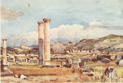 OLYMPIA. THE PALÆSTRA AND REMAINS OF THE TEMPLE OF ZEUS

This view is taken from the western side of the Palæstra, and the
standing columns in the foreground are part of the southern colonnade of
that building. The platform (Krepidoma) of the great Temple (which was
raised upon a mound and occupied the highest point of the Altis or
sacred enclosure) is in the centre of the drawing. Many of the colossal
drums and other architectural members of the Temple lie scattered about
on the platform. Across the valley of the Alpheios are seen the Phellon
Mountains, topped by splendid masses of cloud. This drawing is a record
of a lovely spring day in the Western Peloponnesus.