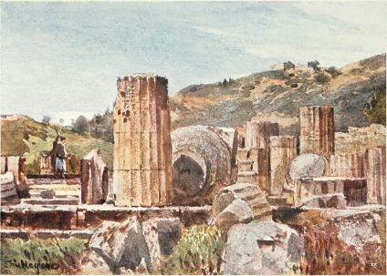 THE TEMPLE OF HERA AT OLYMPIA

A portion of the west front of the Temple, which stood upon a platform
with two steps, is shown. Two columns on the east side and six on the
north are seen in situ. These columns vary in size to a surprising
extent. One of the enormous capitals, tilted up and standing upon the
head of its abacus, should be noticed, behind the tall column in the
centre of the drawing. The hill at the back of the Temple is the one to
the west of the river Kladeos. In this Temple, said to be the most
ancient in Greece, was found the Hermes of Praxiteles, the only extant
work of sculpture of the finest period known to be from the chisel of a
great master.