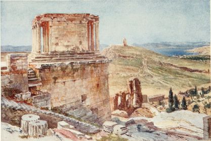 THE BASTION AND TEMPLE OF WINGLESS VICTORY VIEWED FROM
THE ASCENT TO THE PROPYLÆA (EARLY MORNING)

The northern face of the great Bastion or outwork of squared masonry,
which guards the ascent to the Acropolis at its south-western point,
occupies the left-hand half of the drawing. This Bastion is capped by a
cornice of Pentelic marble, upon which formerly stood the famous parapet
adorned with figures of winged Victories sculptured in low relief. The
three steps of the exquisite little Temple would, therefore, originally
have been hidden from view. Just below are the steps, still in situ,
belonging to the stairs which ascended to the platform of the Temple.
The pedestal, above the anta beside these stairs, supported a statue
of one of the leaders of the Athenian Cavalry. The long flight of the
steps, passing transversely across the drawing, is the modern ascent to
the Propylæa. Far below, near the foot of the Acropolis, some of the
upper arches of the massive façade of the theatre of Herodes Atticus
rise into view; and, to the right, the scathed surface of the Museion
Hill, with the monument of Philopappus on its top, slopes away from the
eye in subtle curves. Farther to the right is the Bay of Phaleron and
(closing the landscape above) the clearly seen ranges of the mountains
of Argolis.