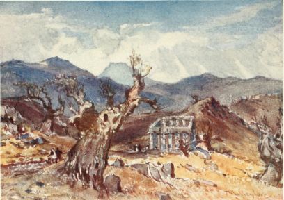 THE TEMPLE OF APOLLO AT BASSÆ IN ARCADIA, WITH DISTANT
VIEW OF MOUNT ITHOME

The front of the Temple faces the spectator, and looks to the north. The
reason for the unusual orientation is evident from the conformation of
the ground. The Temple is, in fact, built upon a ridge, and very
extensive sub-structures would have been necessary if the usual
orientation had been followed.