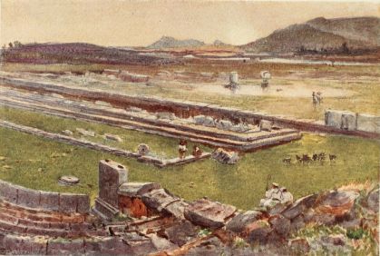 MEGALÓPOLIS IN ARCADIA

The east ramp of the Theatre is in the foreground to the left, from
which we see remains of the proscenium and colonnade. Beyond are a few
drums of columns, probably belonging to the Thersilion or Town Hall. The
river Helisson shows in the distance. Sunset.