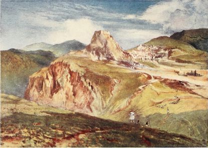 THE CASTLE OF KARYTÆNA, IN ARCADIA

This is one of the most romantic scenes in the Peloponnesus, and is
aptly quoted by Curtius as no less characteristic of mediæval Greece
than Tiryns and Mycenæ are of the prehistoric age. The Castle covers the
summit of a free-standing mass of rock, rising up into the air (almost
like the central tower of a great English Cathedral) above a gorge with
precipitous red cliffs. To the right of the Castle lies the modern
town.