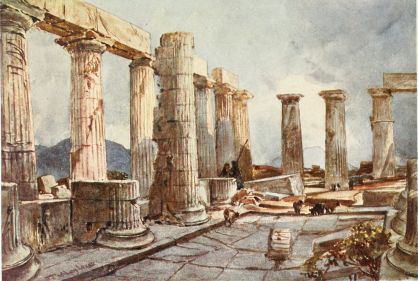 INTERIOR OF THE TEMPLE OF APOLLO AT BASSÆ IN ARCADIA

On the left of the picture are shown some of the columns of the eastern
side of the Temple, together with the attached columns of the cella, a
peculiar architectural feature of this Temple. The front (north) part of
the cella was hypæthral, so the floor below the opening in the roof
was slightly hollowed out—as shown in the drawing—to collect the
rain-water. Mount Ithome appears between the columns of the southern end
of the Temple.