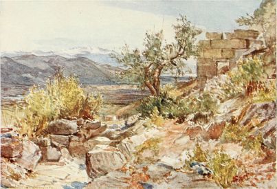 THE LACONIAN GATE OF MESSENE

The roadway coming up from the monastery of Vourkano to the village of
Mavromati divides the foreground of the scene. In the middle distance we
have before us the luxuriant valley of the Pamisus, and, in the far
distance, the lofty upper ranges of Taÿgetus covered with snow. Under
the boughs of the graceful olive, which flanks the finely squared
masonry of the ruined gateway, we catch a glimpse of the gulf of
Messene. The freshness and purity of colour of an April day in Southern
Peloponnesus has here been happily caught.