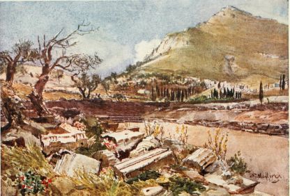 MOUNT ITHOME FROM THE STADION OF MESSENE

At the base of the mountain, part of the village of Mavromati may be
seen. The architectural fragments in the foreground lie near the
entrance to the Stadion. Only the western side of the Stadion appears.
Its site is indicated by two figures seated under a tree.