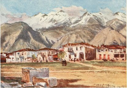 SPARTA AND MOUNT TAŸGETUS

The lower ranges of Taÿgetus above Sparta, strangely suggesting both in
form and colour the front view of a line of gigantic elephants, afford a
fine contrast to the sharp angles of the snowy heights above. The point
of view is immediately in front of the new museum; and the houses at the
foot of the mountain belong to the east end of new Sparta. A Græco-Roman
sarcophagus of marble and architectural fragments are lying in the
foreground.