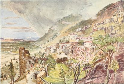 MISTRA AND THE VALLEY OF THE EUROTAS

This drawing was sketched at the residence of the Papa of the ancient
metropolis church. On the higher slope of the mountain to the right is
the Pantanassa Church; below, to the left, part of the mediæval defences
of the town.