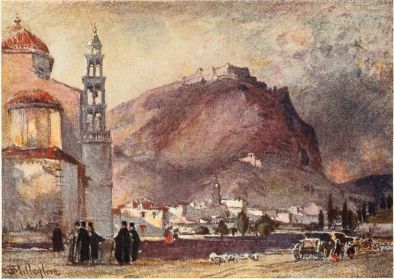 ARGOS AND LARISSA

To the left the principal church of the modern town of Argos. Behind the
town rises the splendid mass of Larissa, the Acropolis of the ancient
city, with mediæval fortifications on its summit. Half-way up lies the
romantically situated convent of the Panagia.